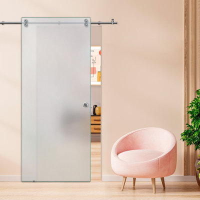 32 In W X 84 In H Single Sliding Barn Glass Door V2000 Sliding System (frosted Glass)