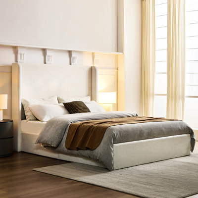 Très grand lit tapissier avec tête de lit de 52,3 po, conception américaine, tissu, structure en métal, rembourrage en mousse, installation facile dans un lit à oreilles de style élégant et contemporain, revêtement en toile, base, simple