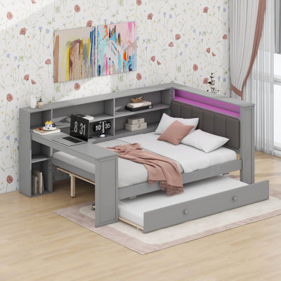 Full Size Corner Bed Frames With Desk And Trundle & Storage Shelves