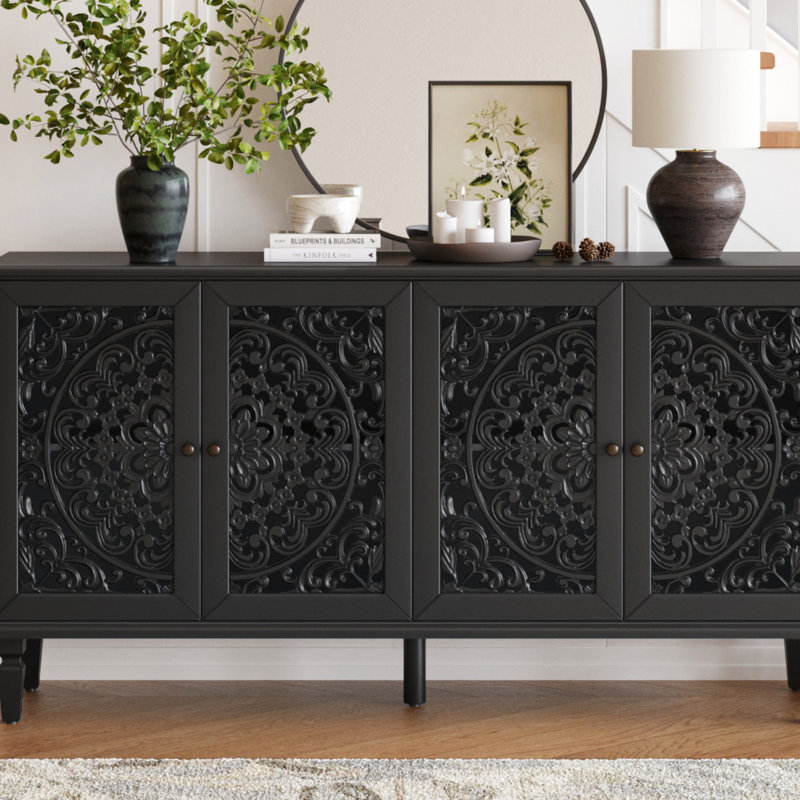 60" Antique Buffet Cabinet With Floral Carvings With Solid Wood Legs&Antique Brass Handles&Adjustable Shelves, TV Stand For 65''+ TV, Sideboard For Living Room,Dining Room 