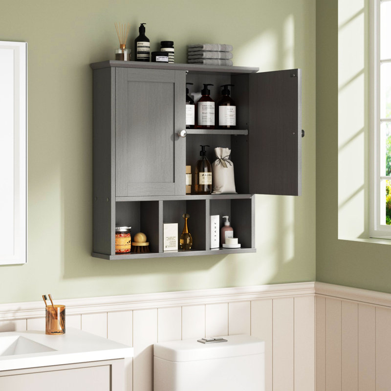 Bathroom Medicine Cabinet – Wall-Mounted with 2 Doors & Open Shelf for Organized Storage, Gray