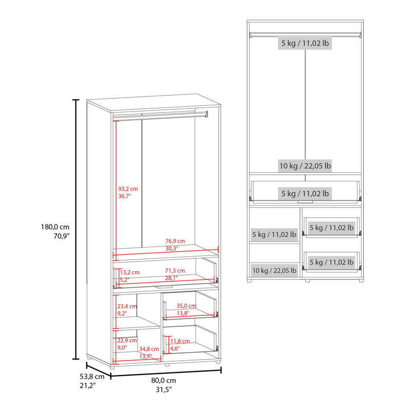 Armoire autoportante à deux portes Alpine avec trois tiroirs, espace pour chaussures ouvert et tringle, Blanc