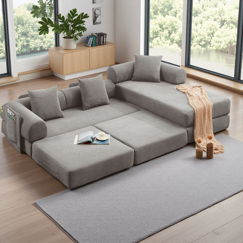 Canapé-lit modulaire en velours côtelé 107 po en forme de L 107 po, rembourré, sans assemblage, bricolage, canapé-lit pliable convertible en L