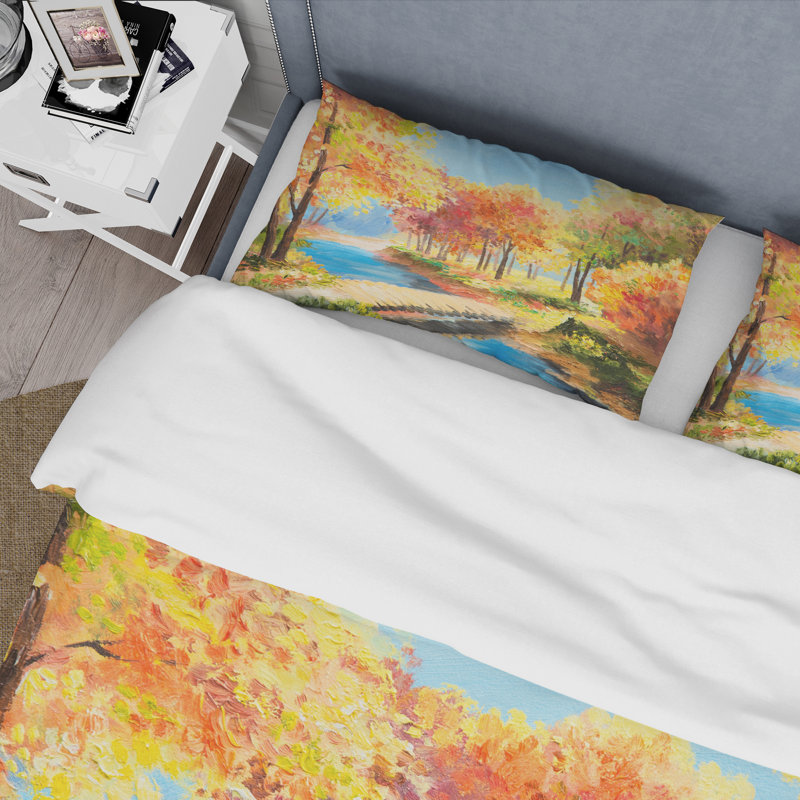 Ensemble de housse de couette Yellow and Orange Trees By The Riverside - Lake House - Microfibre de polyester