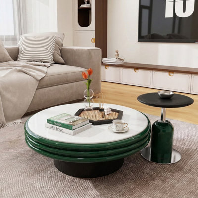 Ensemble de 2 tables basses gigognes rondes, table de salon ronde de 31,5 po avec table d'appoint avec plateau en marbre et finition laquée verte pour maison et appartement (ensemble de 2)