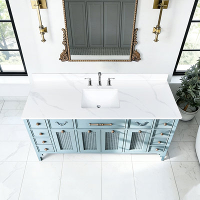 Stain - meuble-lavabo à quartz 61 po pour salle de bain, lavabo simple encastré au centre, 4 dosserets, 3 trous de robinet pré-percés, comptoir de salle de bain de conception américaine moderne avec haut blanc, facile à nettoyer et à installer