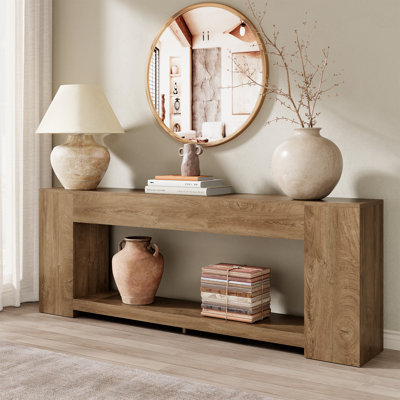 86-Inch Extra Long Sofa Console Table, 2-Tier Entryway Tables With Storage, Natural Oak Brown