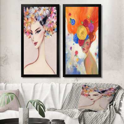" Floral Fashion Woman Portrait " 2 - Pieces Painting Print