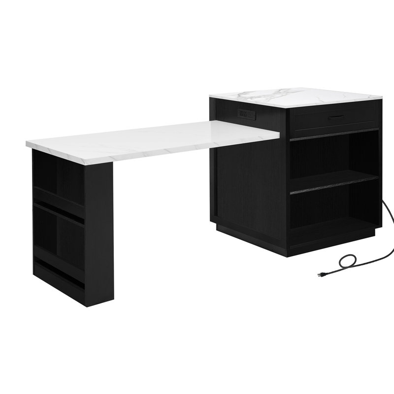 Îlot de cuisine 82,7 pouces avec table extensible, grain de bois noir, double rangement, 2 tablettes ouvertes, 1 port Type-C, roues verrouillables pour 4 à 6 personnes, armoire, prises de courant latérales, tablettes réglables