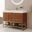 Meuble-lavabo de 36 pouces avec comptoir en acier inoxydable à finition dorée, plateau en pierre frittée et tablettes de rangement bien agencées, cuve en céramique sans couture moderne, structure et armoire à eau
