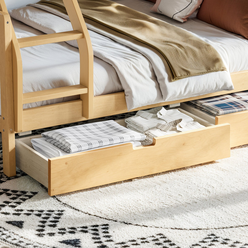 Lit superposé simple au-dessus de grand lit simple avec tiroirs de rangement, lit superposé pour enfant en bois massif avec lattes, conception convertible, blanc et naturel