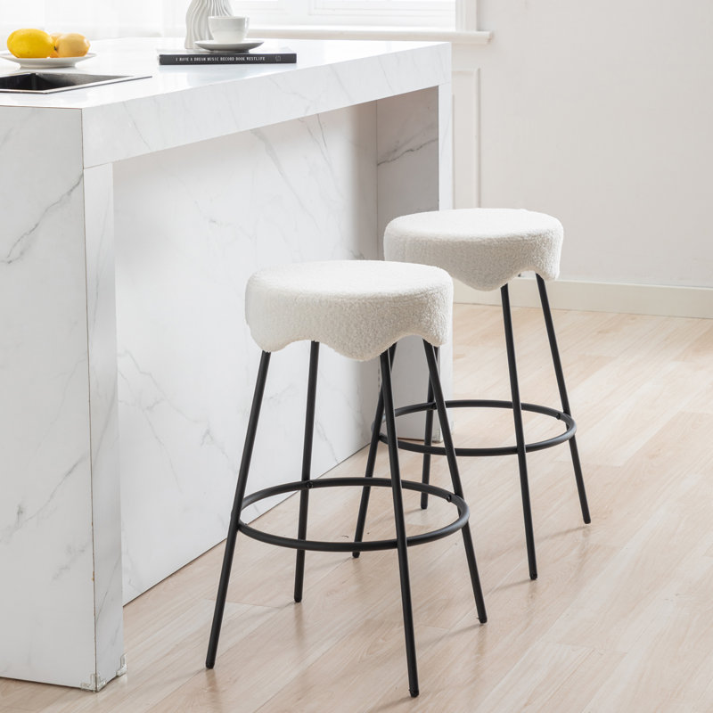 Kipten Upholstered 26.97" Counter Stool with Teddy Velvet Seat and Metal Frame, White