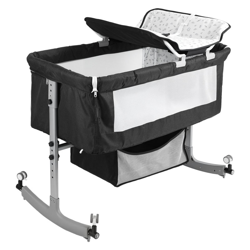 Lit de chevet multifonctionnel 4-en-1 avec table à langer, lit de bébé réglable en hauteur à 6 niveaux avec panier et moustiquaire, berceau portable pour nouveau-né avec roues