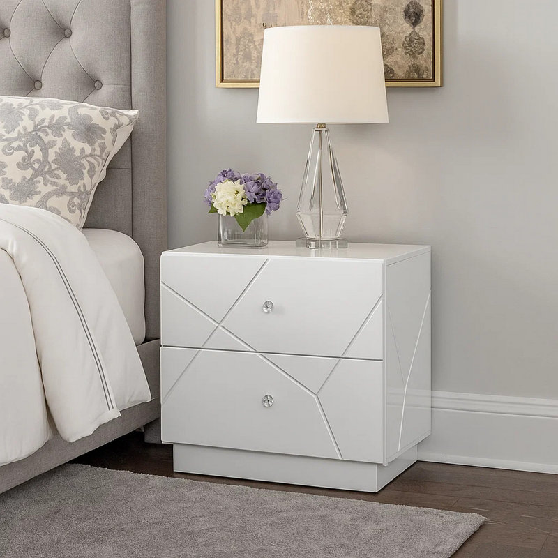 Table de chevet Esy, 2 tiroirs avec boutons en cristal, motif blanc sculpté