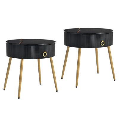Easy Assembly End Tables with High Gloss Faux Marble Tabletops, Set of 2, Modern Fluted 2 Side Tables with Drawers, Round Coffee Tables with Golden Legs for Living Room