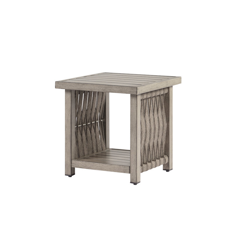 SeeHill Outdoor Side Table, Aluminum Square Patio Side Table, 2-Tier Rope Weave Outdoor End Table with Adjustable Legs, Outside Furniture Patio Table for Garden, Pool, Balcony, Decks, Gray Oak