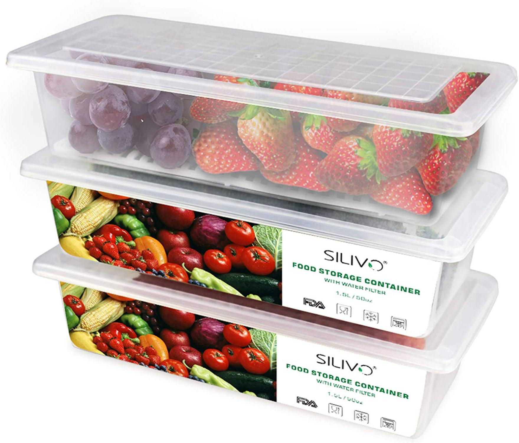 Prep & Savour Fresh Produce Vegetable Fruit Storage Containers 3Piece Set, BPA-Free Fridge Storage Container, Partitioned Salad Container, Fridge Orga