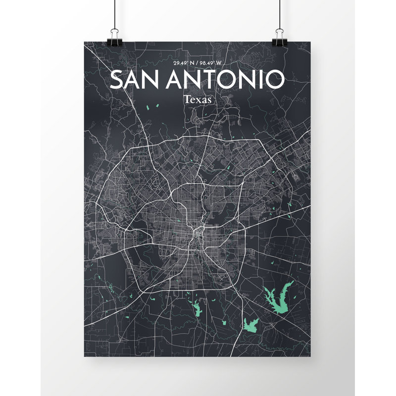 San Antonio City Map - Unframed Graphic Art Print on Paper, 43.2cm H x 27.9cm W x 0.1cm D, Black