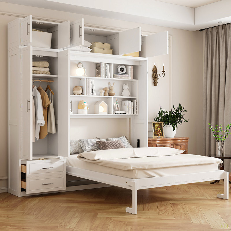 Grand lit escamotable mural avec armoire supérieure, tablettes et garde-robe, lit pliable peu encombrant
