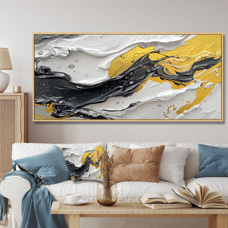 Figurine Ontra noir et jaune en couleur II - art néo-expressionniste, H 28 po x l 60 po, Impression encadrée flottante