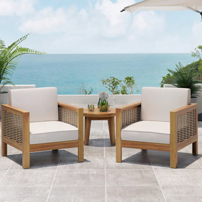 Set Of 2, Outdoor Acacia Wood Club Chair With Wicker Accents, Teak Finish + Mixed Brown + Beige, 30.25"D X 27.5"W X 23.75"H