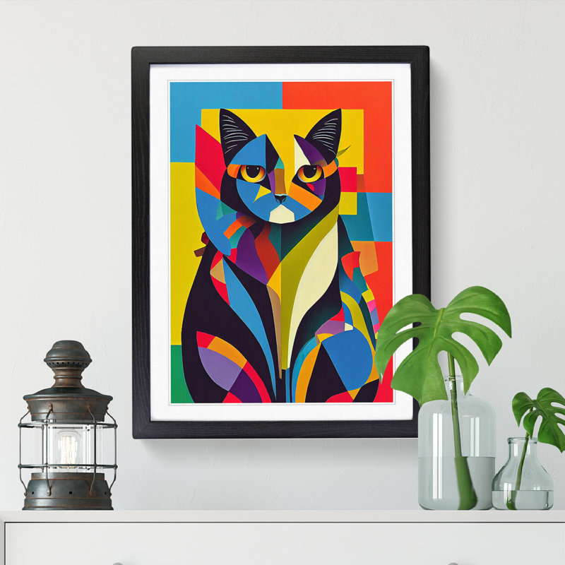 FRM-V0523-374X Cat Cubism Vol.1 - Single Picture Frame Print, 64cm H x 46cm W x 2cm D, Walnut Framed