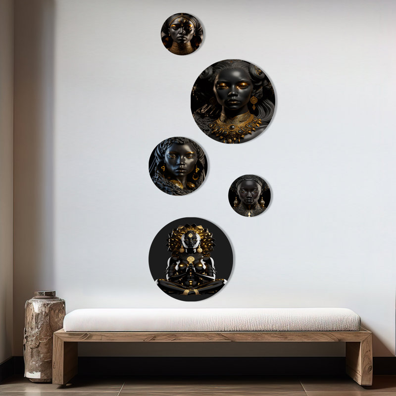 Ensemble de 5 décorations murales noires et dorées en métal lotus