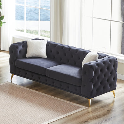 Canapé de luxe en velours 61,25 pouces avec boutons Chesterfield capitonnés avec 2 coussins et pieds en métal