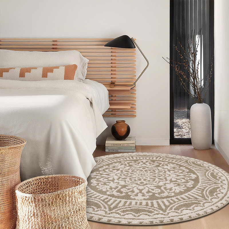 Tapis rond rond résistant aux taches beige, Rond 4 pi