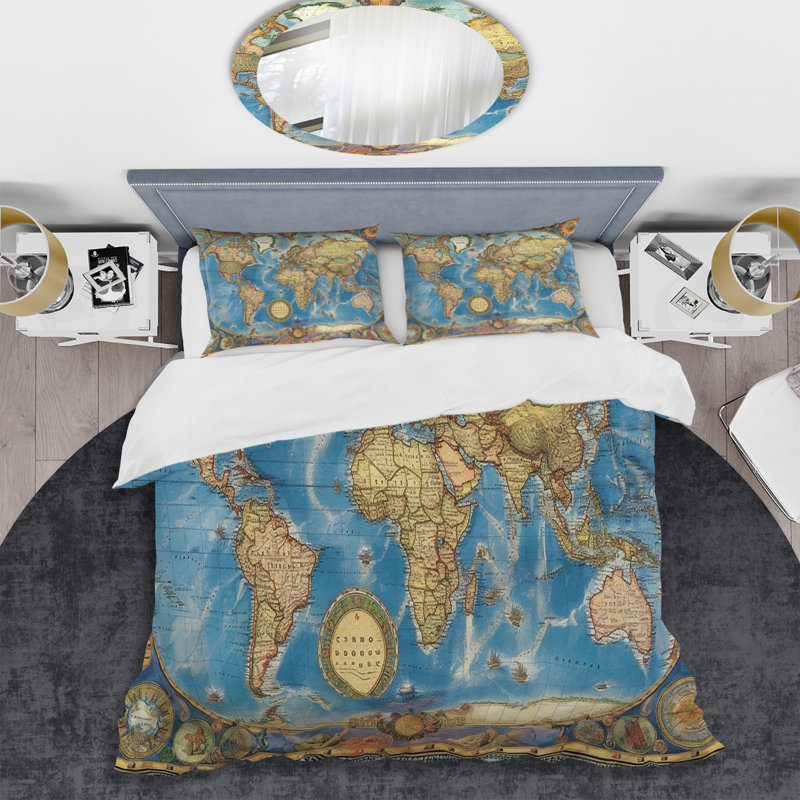 Vintage World Map II - Maps Duvet Cover Set, Queen Duvet Cover + 2 Standard Shams
