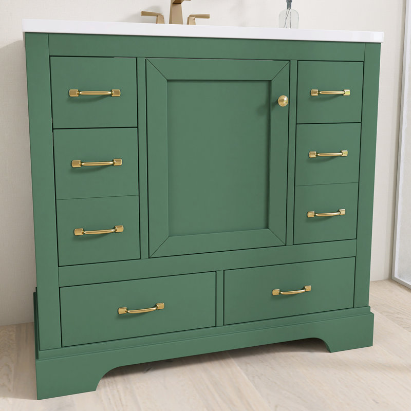 Ensemble de meuble-lavabo autoportant 36 po avec comptoir en céramique 36 po, Vert / or