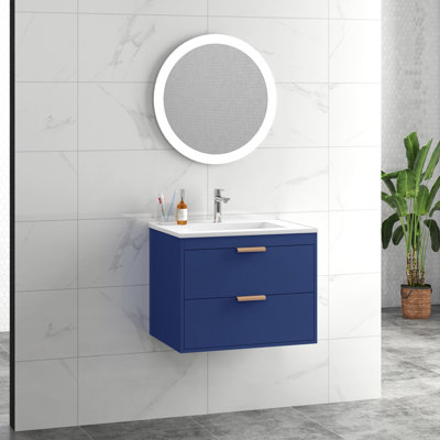 24" Floating Wall Mounted Ferryhill Vanity With White Ceramic Sink And Drawer Storage