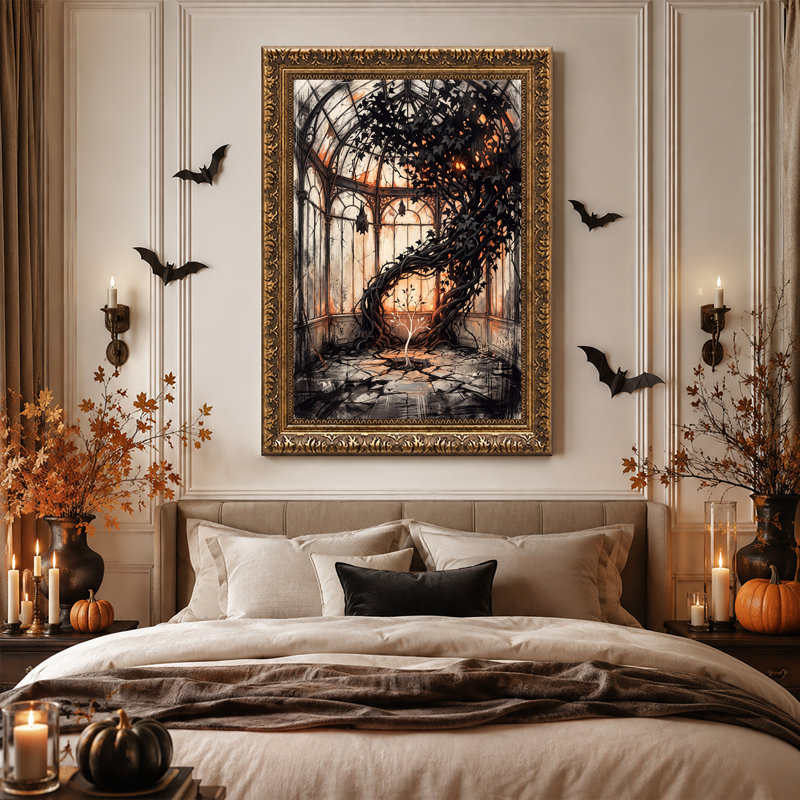 Vignes sombres et entrelacées et arbre lumineux dans une toile murale gothique d'Halloween, H 30 po x l 20 po
