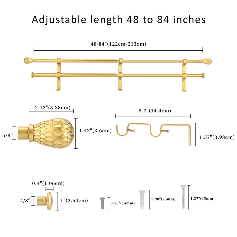 Tringle à rideaux double réglable en acier Roul, 48" - 84", Doré
