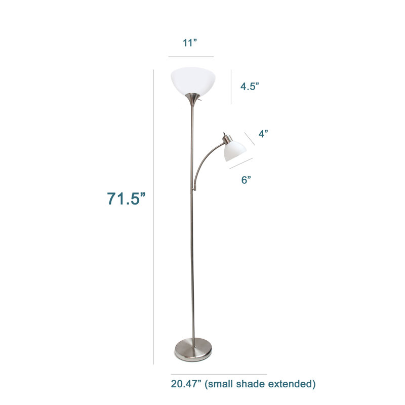 Lampe sur pied Lakey, lampe de lecture à col de cygne, nickel brossé, abat-jour blanc, 182 cm (71,5 po) de hauteur