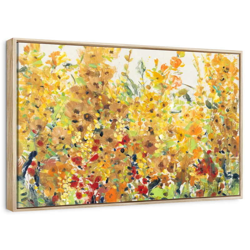 Golden Summer Garden I, 31 po x 21 po, Cadre flottant en bois naturel