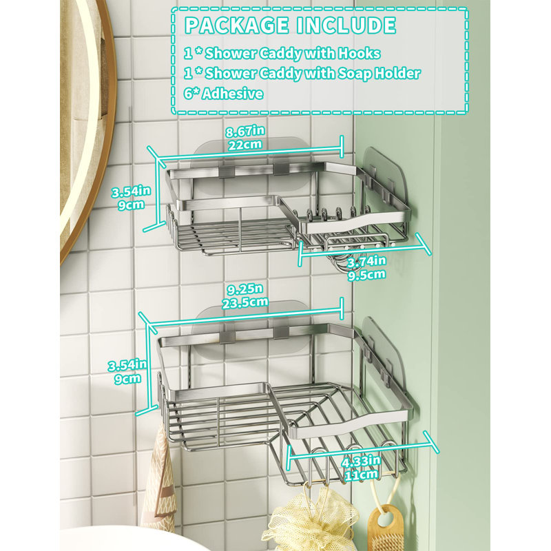 Stainless Steel 90° Corner Shower Caddy With Soap Dish & 11 Hooks - Space Saving, Rust Proof Bathroom Organizer, Silver