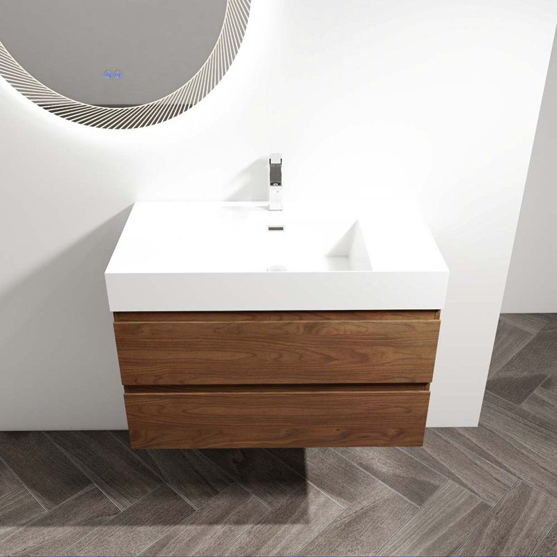 Meuble-lavabo simple 35,4 po avec plateau en résine Bisleidy, Chêne brun