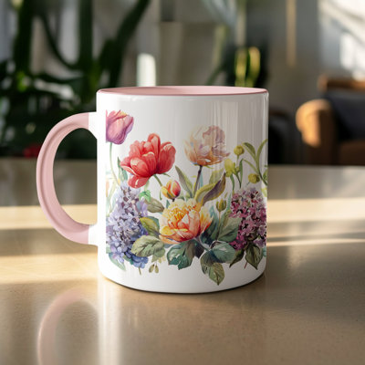 Set of 3 Watercolour Floral 11oz Accent Mugs, Ceramic Coffee Cups with a Pink Handle & Interior