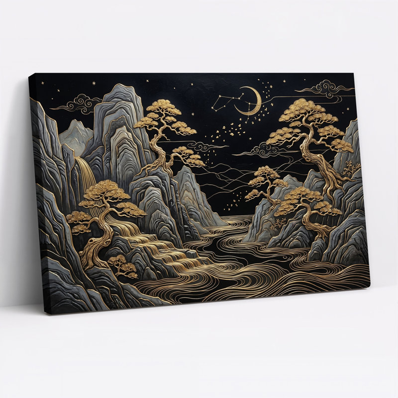 Tableau sur toile représentant des pins dorés et des montagnes sous un croissant de lune, 24"H x 36"W