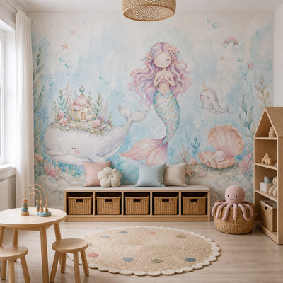 Papier peint sirène sous-marin amovible à l'aquarelle Décoration murale