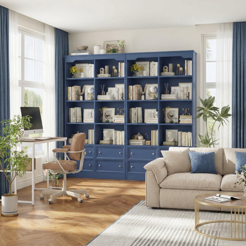 Kirklyn 6-Tier Standard Bookcase with 4 Drawers, Blue