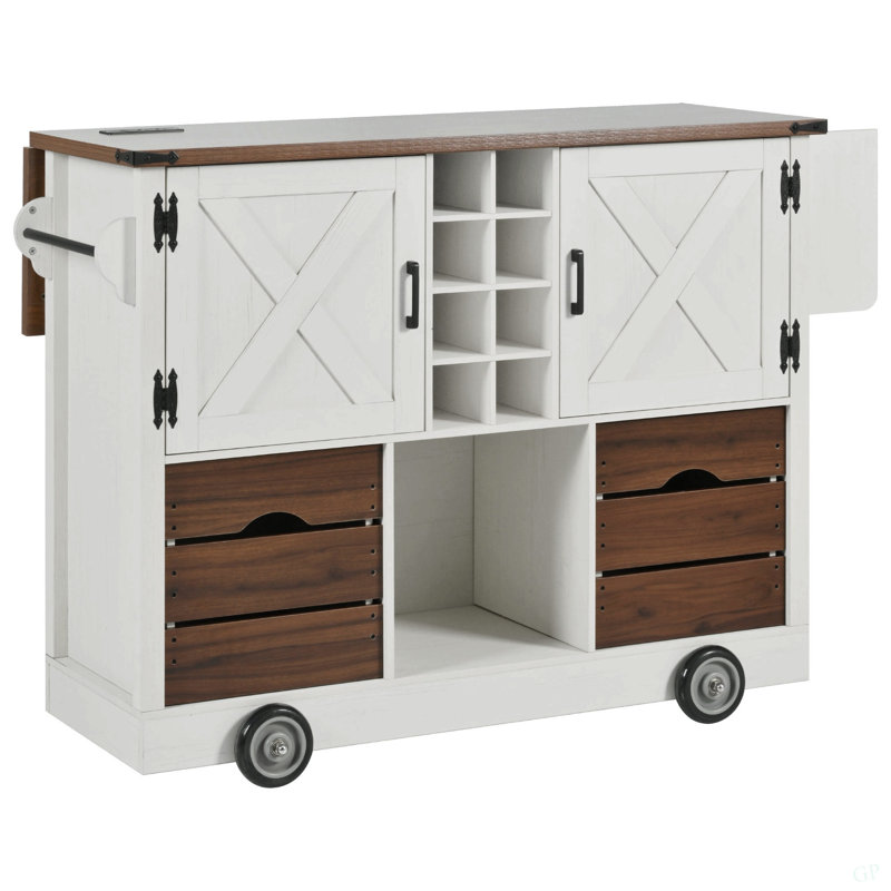 54" Farmhouse Kitchen Island With Drop Leaf, Power Outlet, Kitchen Storage Cart With 2 Doors, 2 Drawers, Rolling Kitchen Island On 4 Large Wheels With Spice Rack For Kitchen, Dining Room