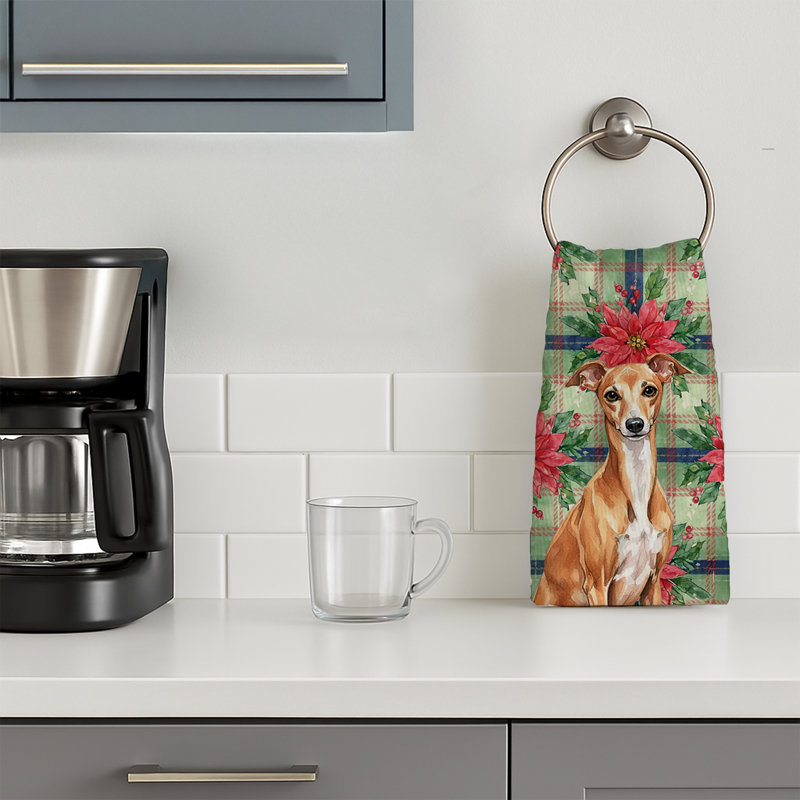 Red Italian Greyhound Christmas PoinsettIas Kitchen Towel, Red Italian Greyhound