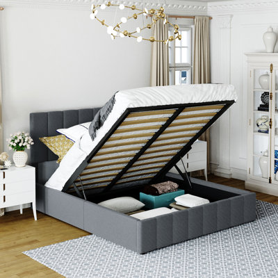 Grand lit plateforme tapissier gris avec rangement hydraulique, bois de pin et contreplaqué, 12 lattes, sans sommier, tête de lit confortable en tissu de lin