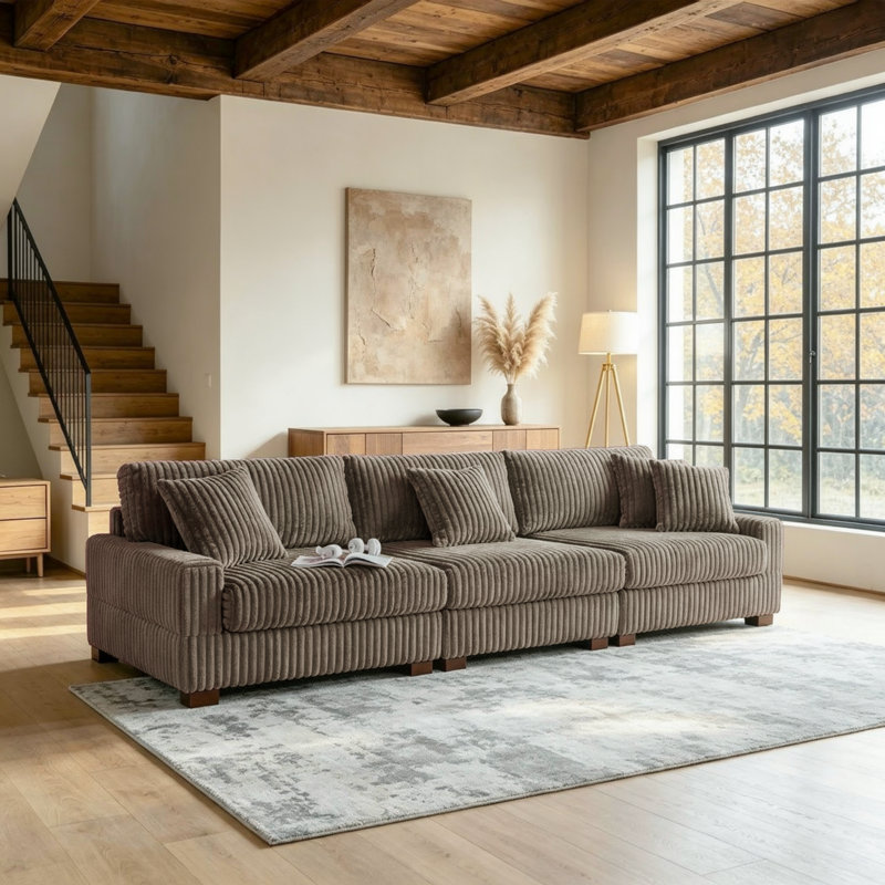 3 - Piece Upholstered Light Brown Faux Rabbit Fur Flannel Modular Sectional Sofa with Armrests & Throw Pillows, Light Brown