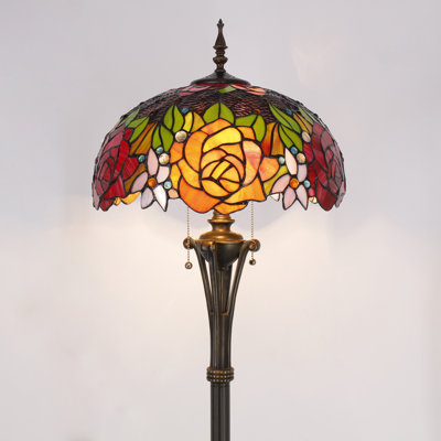 Tiffany Floor Lamp Red Yellow Rose Stained Glass Standing Reading Light 16X16X70 Inches Antique Pole Corner Lamp Decor Bedroom Office Living Room