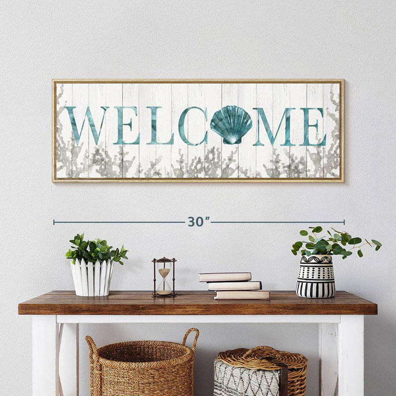 Plaque murale «Welcome Shell», Cadre flottant en bois naturel, 31 po x 11 po