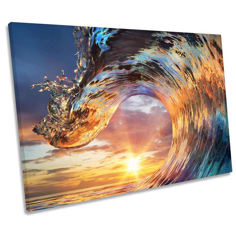 Crashing Beach Wave Sunset Framed - Wrapped Canvas Print, 91.4cm H x 137.2cm W x 4cm D