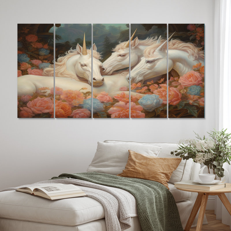 Mignonnes licornes qui dorment ensemble dans un champ de fleurs II - art mural sur toile Licorne fantastique - 5 panneaux égaux